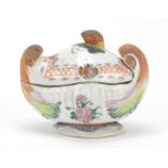 Chinese porcelain sauce tureen and cover with naturalistic finial, hand painted in the famille