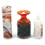 Mdina, art glassware comprising two vases and a scent bottle with stopper, the largest 19cm high