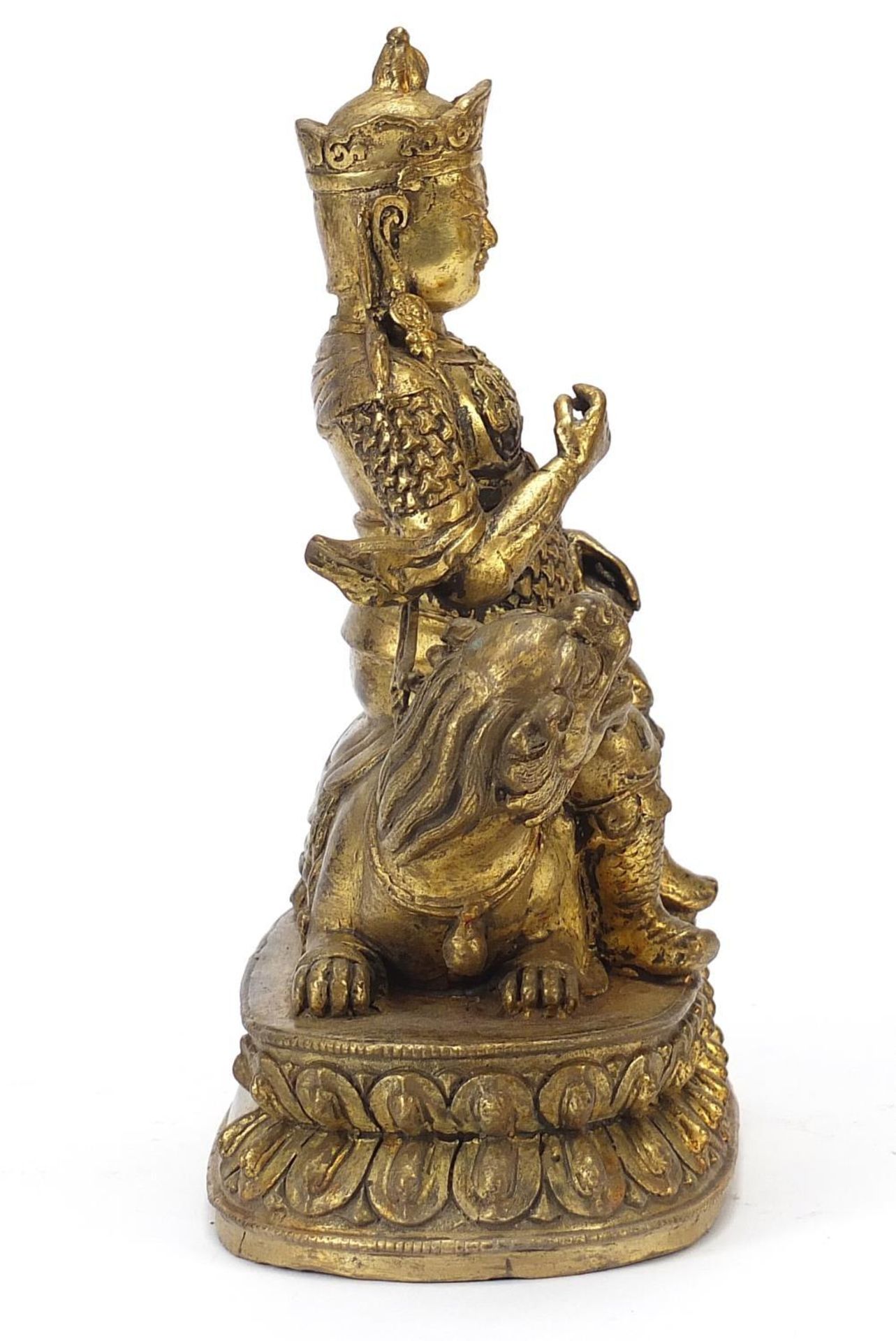 Chino Tibetan patinated gilt bronze figure of an Emperor on mythical animal, 23.5cm high - Image 5 of 8