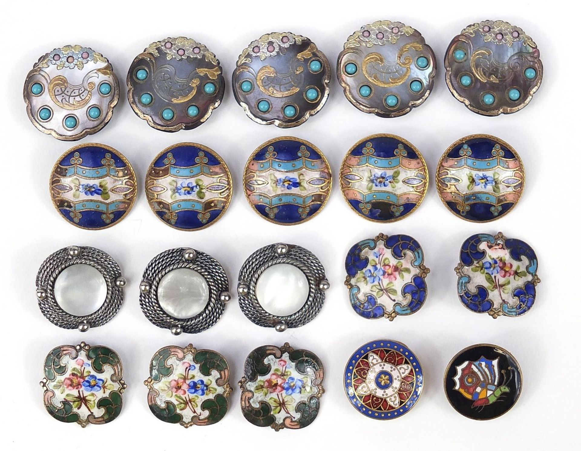19th century and later buttons including abalone examples with turquoise coloured cabochons and some