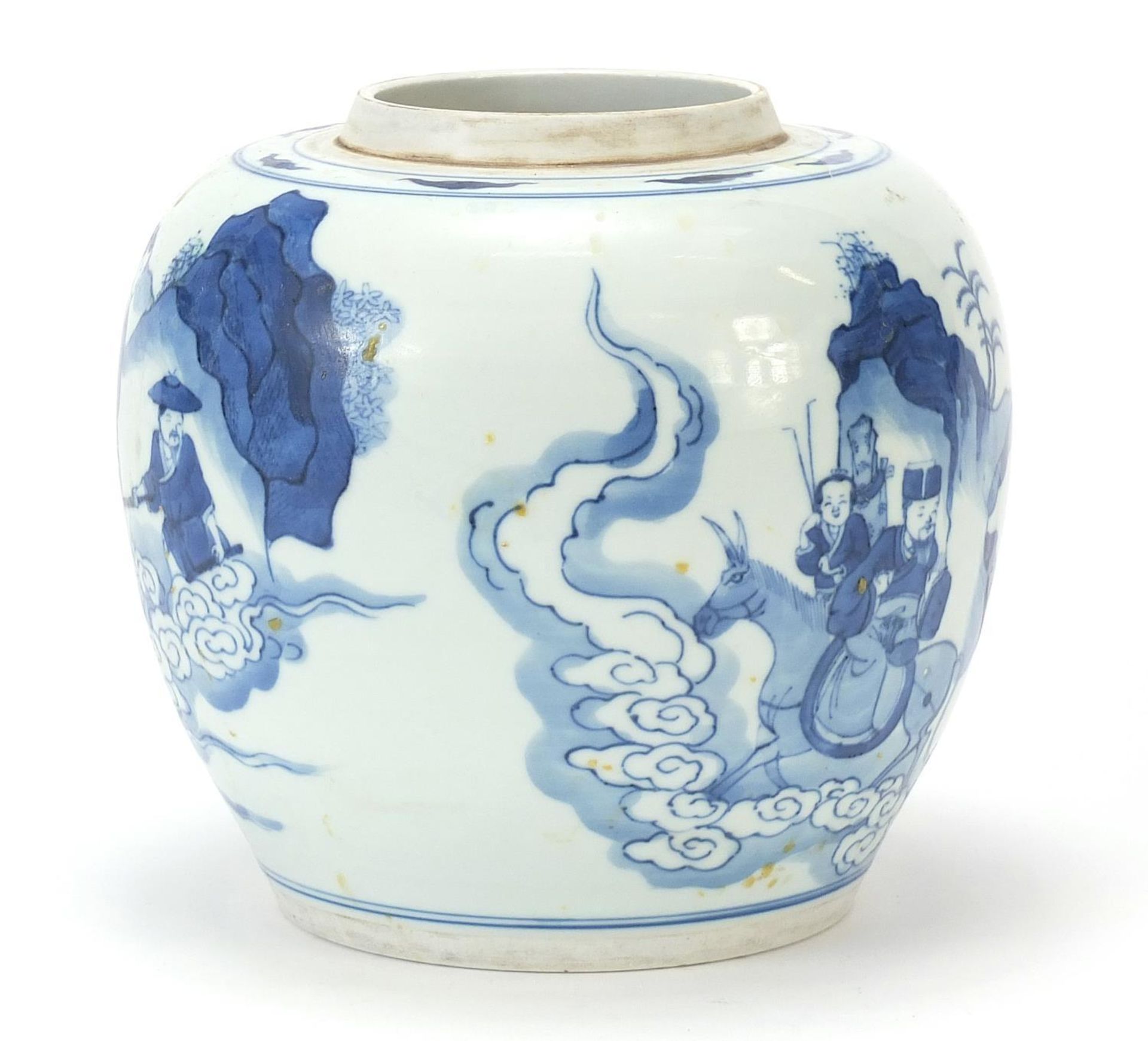 Chinese blue and white porcelain ginger jar hand painted with figures in a palace setting, Kangxi - Image 4 of 7