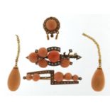 Antique unmarked gold, coral and seed pearl jewellery including two bar brooches, the largest 4.