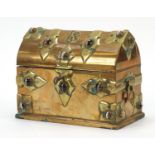 Victorian Gothic style brass stationary box set with Scottish agate cabochons, 17cm H x 22cm W x