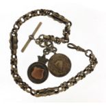 Victorian silver watch chain with T bar and two sports jewels, 35cm in length, 47.4g