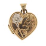 9ct gold love heart locket engraved I Love You, 2cm high, 1.1g