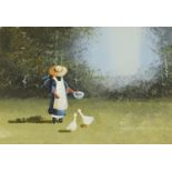 John Horsewell - Girl feeding ducks, oil, mounted, framed and glazed, 16cm x 11cm excluding the