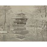 Pagoda before water, Chinese textile, mounted, framed and glazed, 33.5cm x 26.5cm excluding the