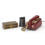 Objects including a Chinese brass box and vintage telephone