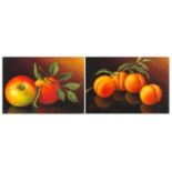 Klaus Bollermann - Apples and peaches, pair of still life oil on boards, mounted and framed, each
