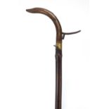 19th century German hunting gun rest walking stick with brass mount impressed W Wolfe Achimsthal,