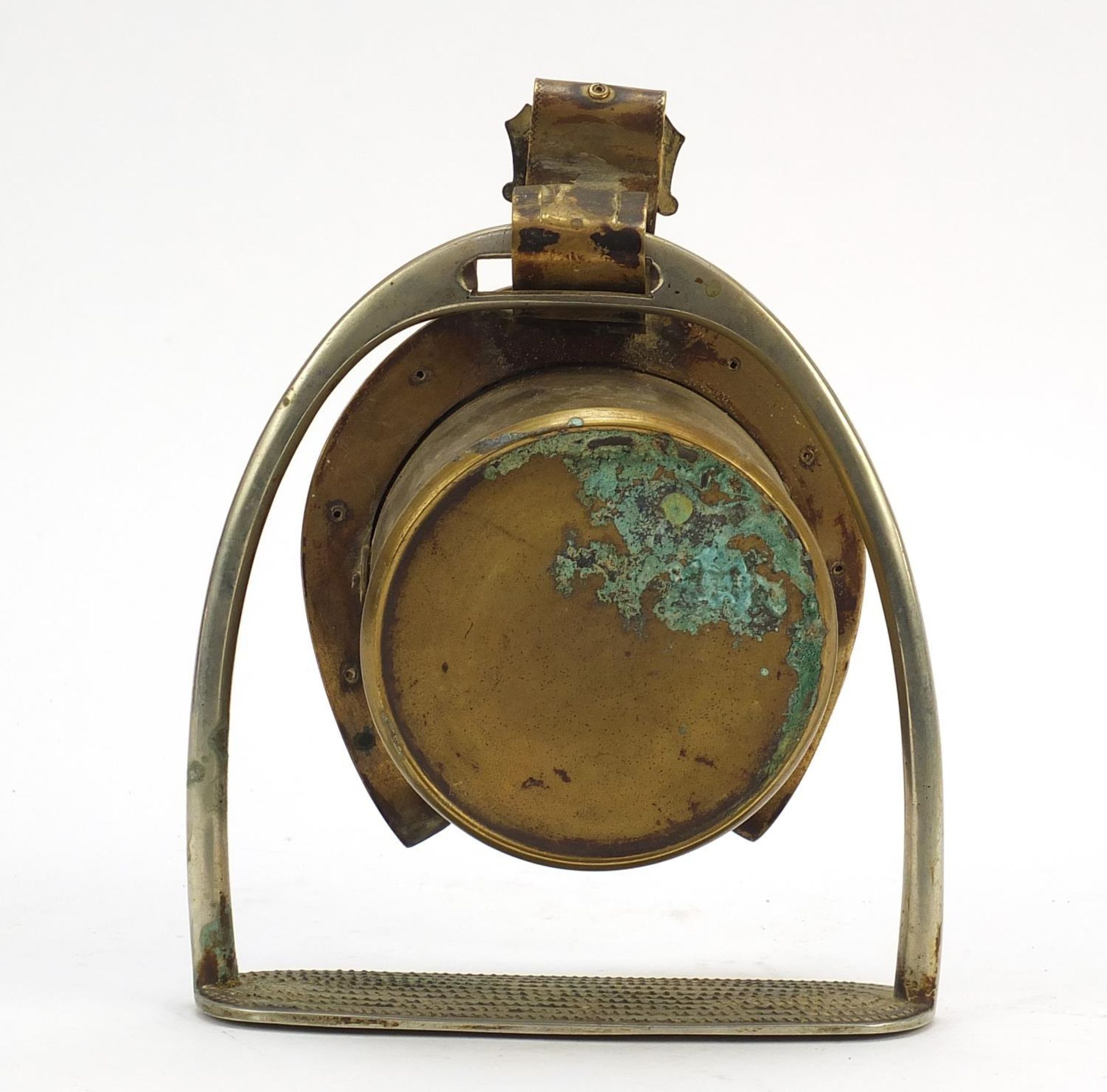 19th century horseshoe and stirrup design mantle clock with enamel dial having arabic numerals, 20cm - Image 3 of 4