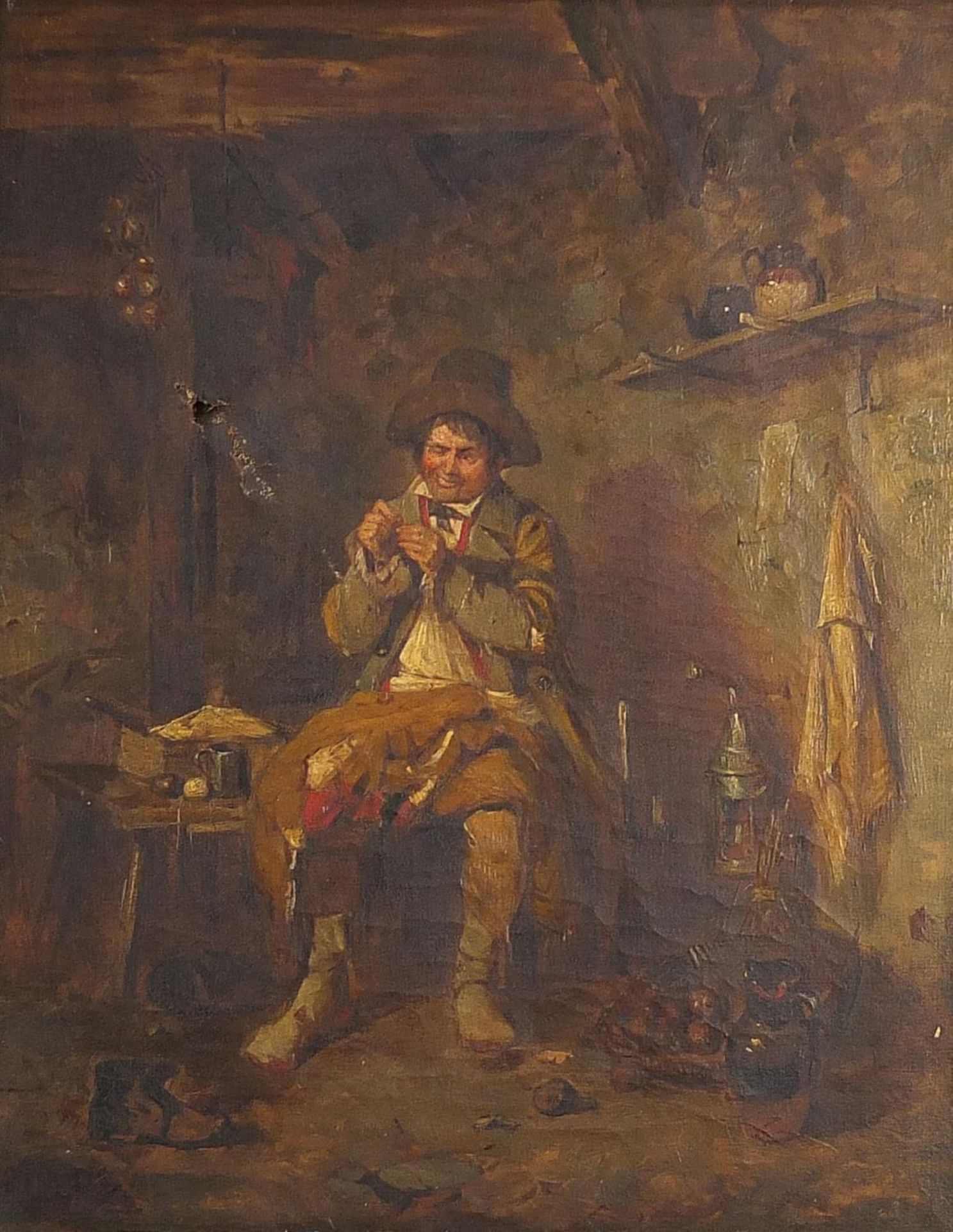 Irish tinker in an interior, 19th century oil on canvas, mounted and framed, 44.5cm x 34cm excluding