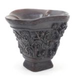 Chinese libation cup carved with flowers, 12cm high
