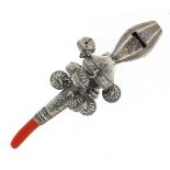 Victorian style 800 silver babies' rattle with whistle, 13.5cm in length