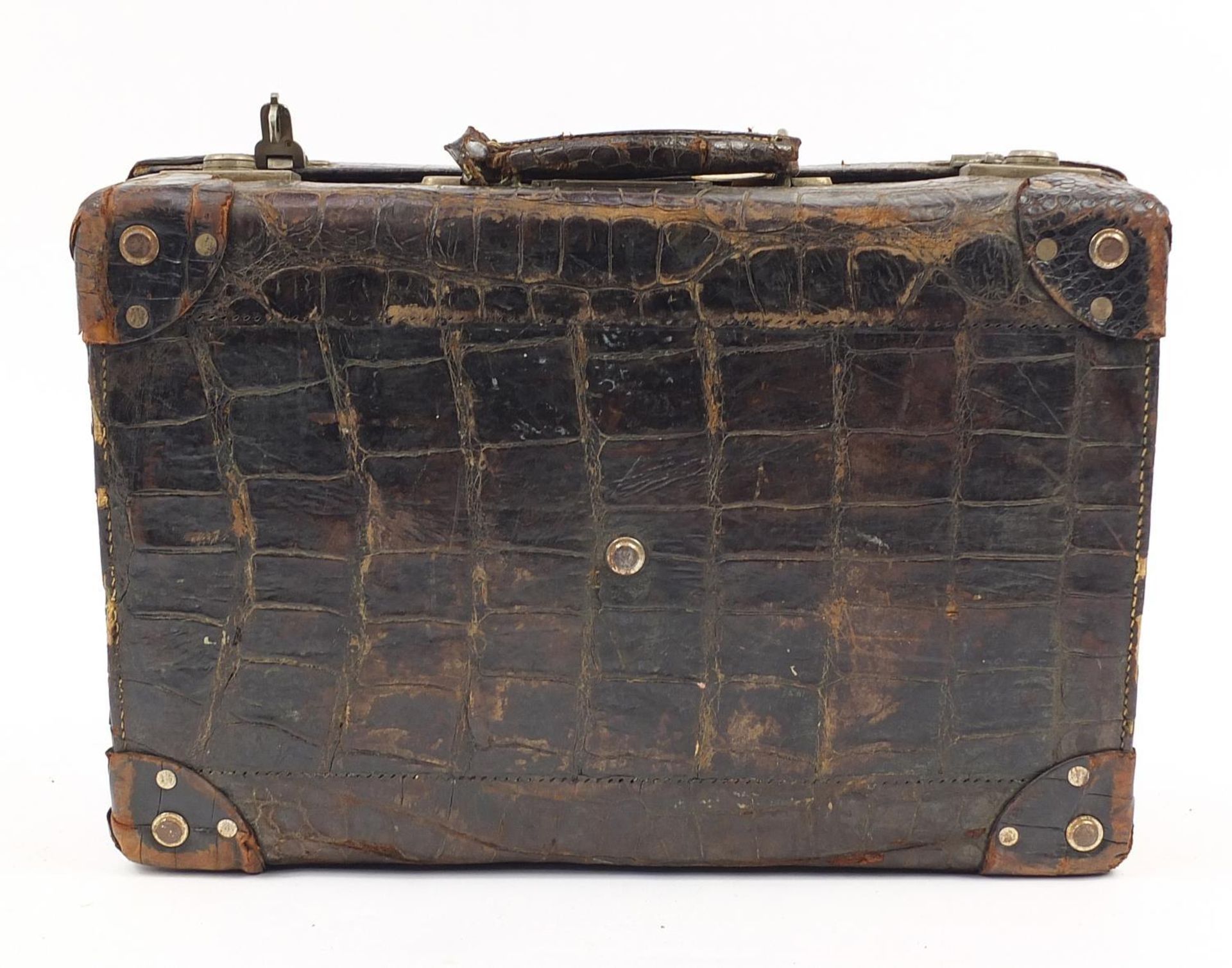 Early 20th century taxidermy interest crocodile skin suitcase, 34.5cm H x 51cm W x 17cm D - Image 5 of 6