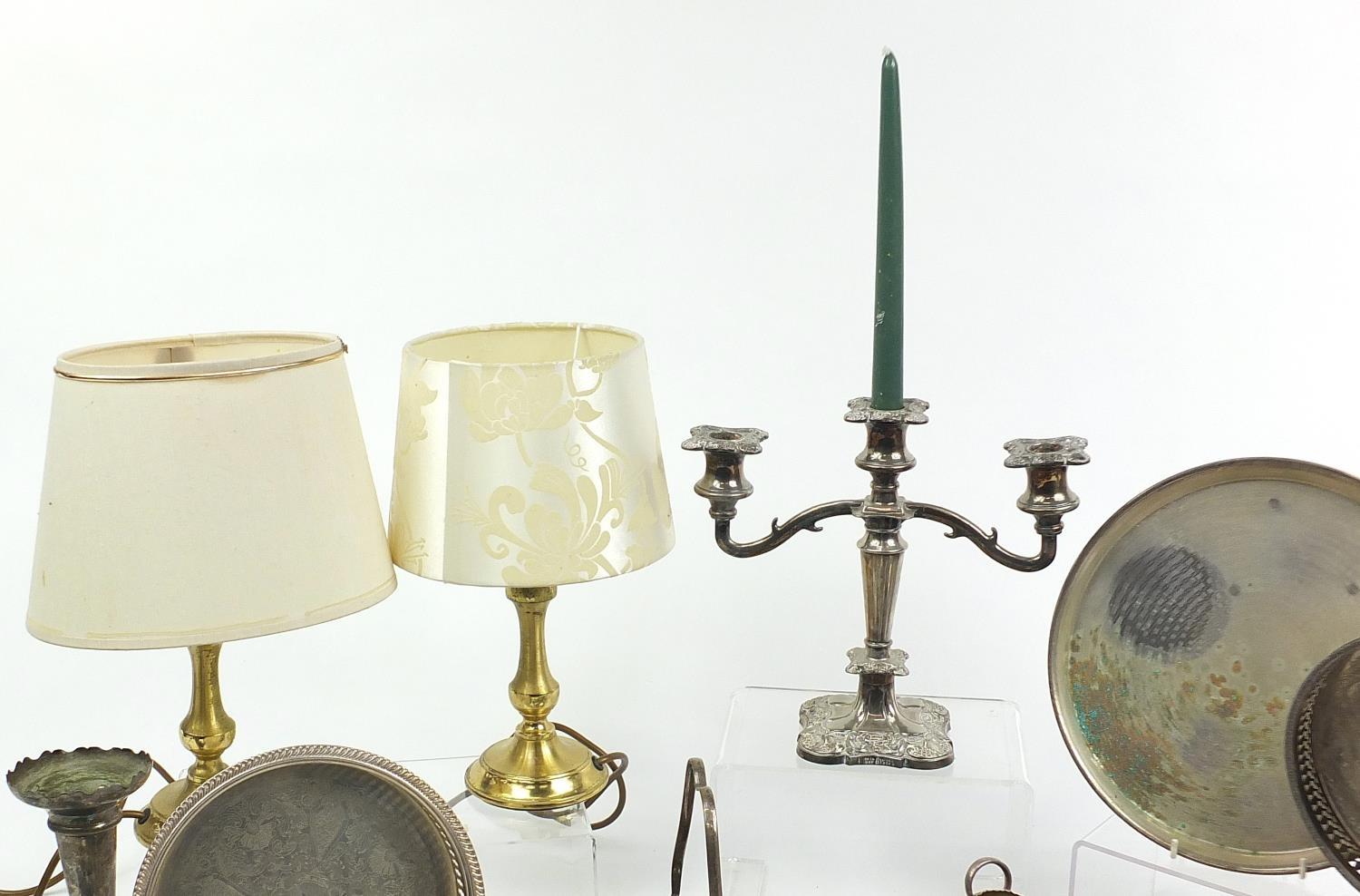 Metalware including silverplate, three branch candelabra and a pair of brass table lamps with shades - Image 2 of 10