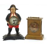 Two mantle clocks including a painted metal example in the form of a sailor, the largest 25cm high