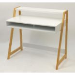 Contemporary light wood and melamine desk, 92.5cm H x 100cm W x 52cm D