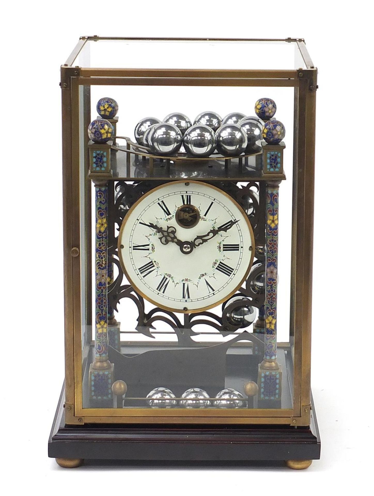Champlevé enamel rolling ball clock with enamel dial having Roman numerals and glass display case, - Image 2 of 8