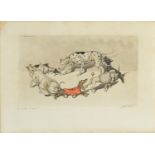 Boris O'Klein - Dogs scenting, pencil signed etching in colour, framed and glazed, 43cm x 31.5cm
