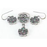Silver colourful stone flower head ring, pendant and earrings, the ring size J, total 11.3g