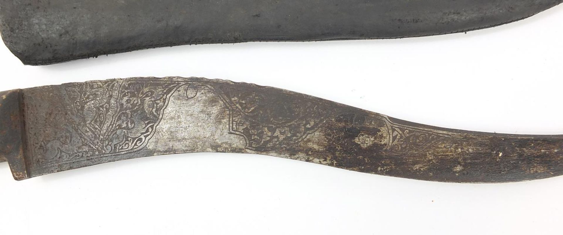 Afghan Pesh-kabz knife with bone handle, sheath and steel blade engraved with a wild animals and - Image 7 of 8