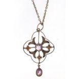 Art Nouveau silver and gold amethyst pendant on a silver necklace, the pendant 4.5cm high, total 4.