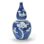 Chinese blue and white porcelain double gourd vase hand painted with prunus flowers, blue ring marks