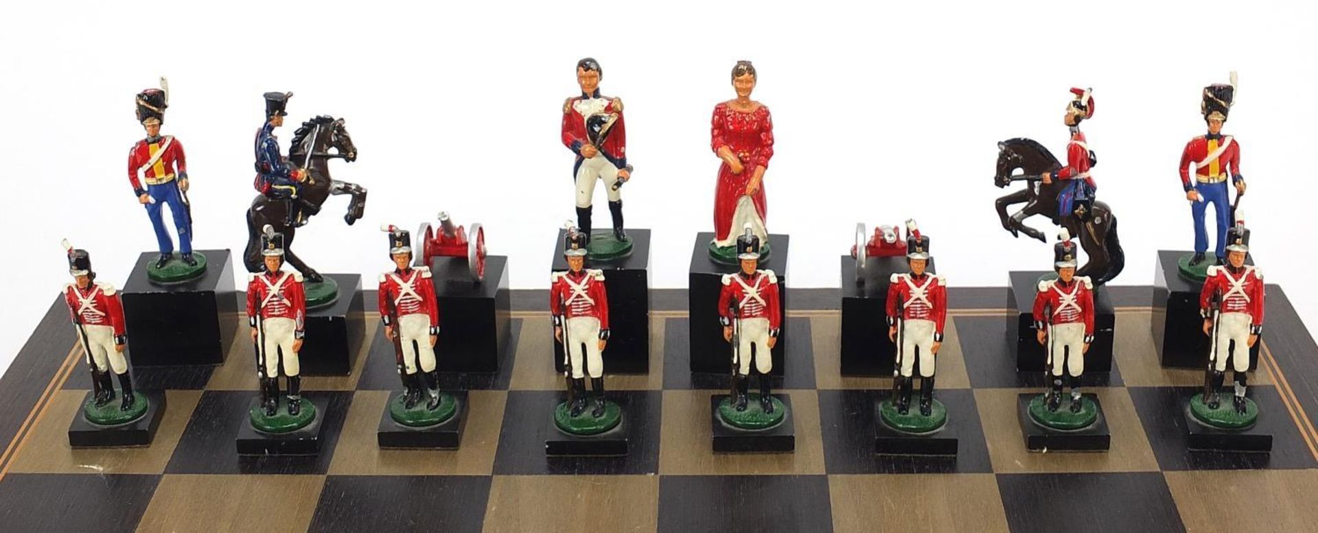 Hand painted metal Waterloo chess set with board, the largest pieces each 11cm high, the board - Image 4 of 7