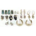 Nine pairs of silver earrings including marcasite, the largest 3.5cm high, total 39.5g