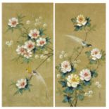 Birds amongst flowers, pair of Chinese watercolours with calligraphy and red seal marks, mounted,