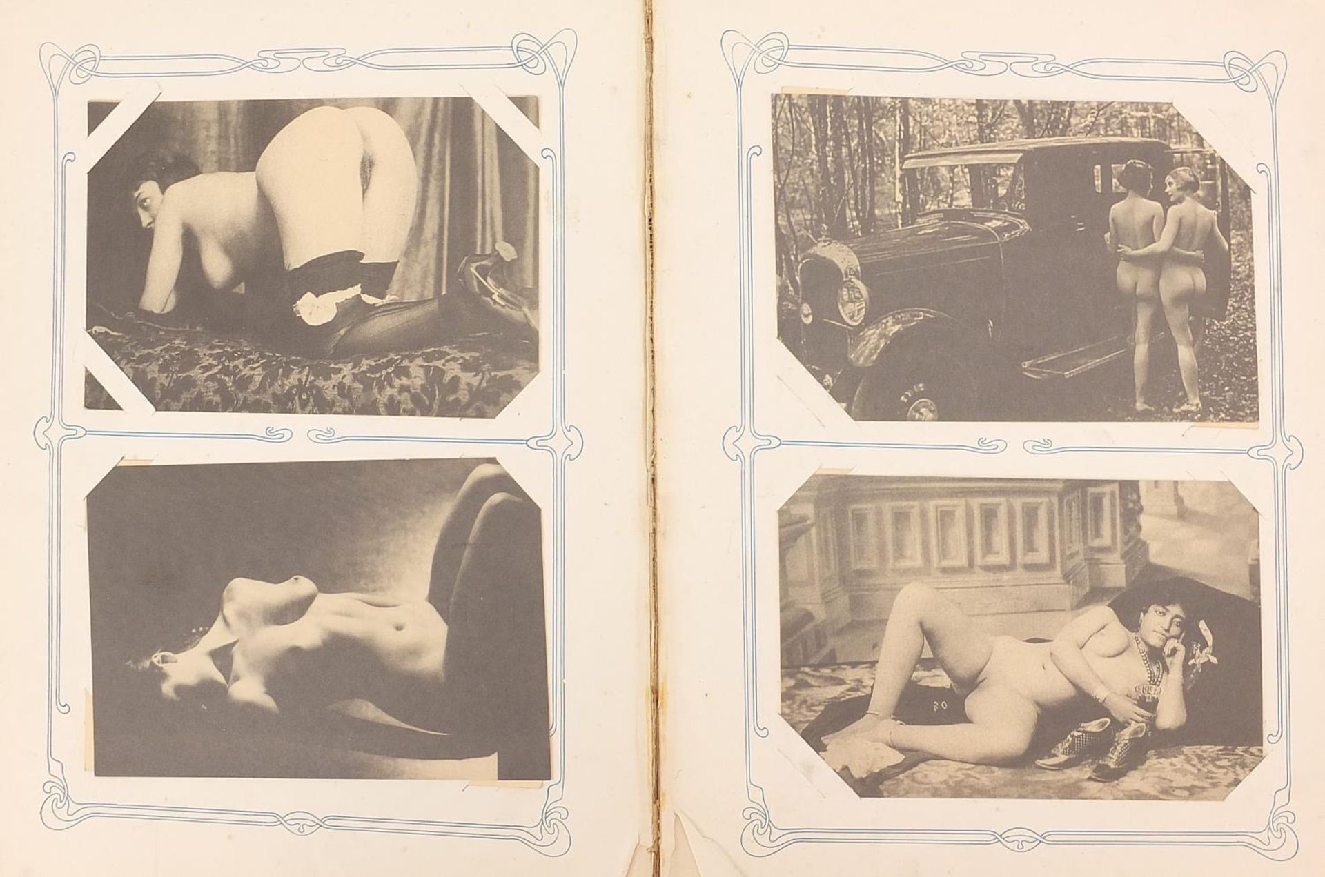 Collection of erotic and fetish postcards arranged in an album