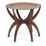 Teak six leg folding tray top table, 48cm high x 51cm in diameter