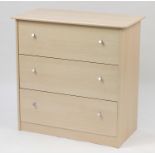 Contemporary light wood three drawer chest, 81cm H x 80cm W x 40.5cm D