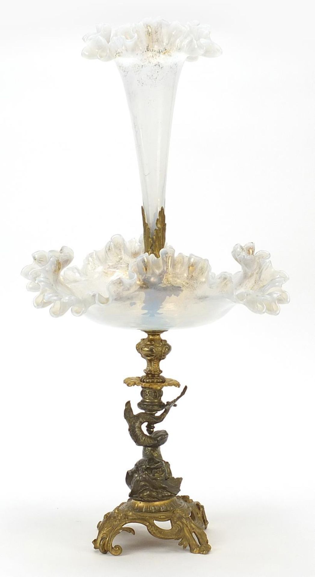 19th century opaline glass and gilt bronze dolphin centrepiece with frilled glass flute, 56cm high