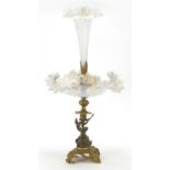 19th century opaline glass and gilt bronze dolphin centrepiece with frilled glass flute, 56cm high