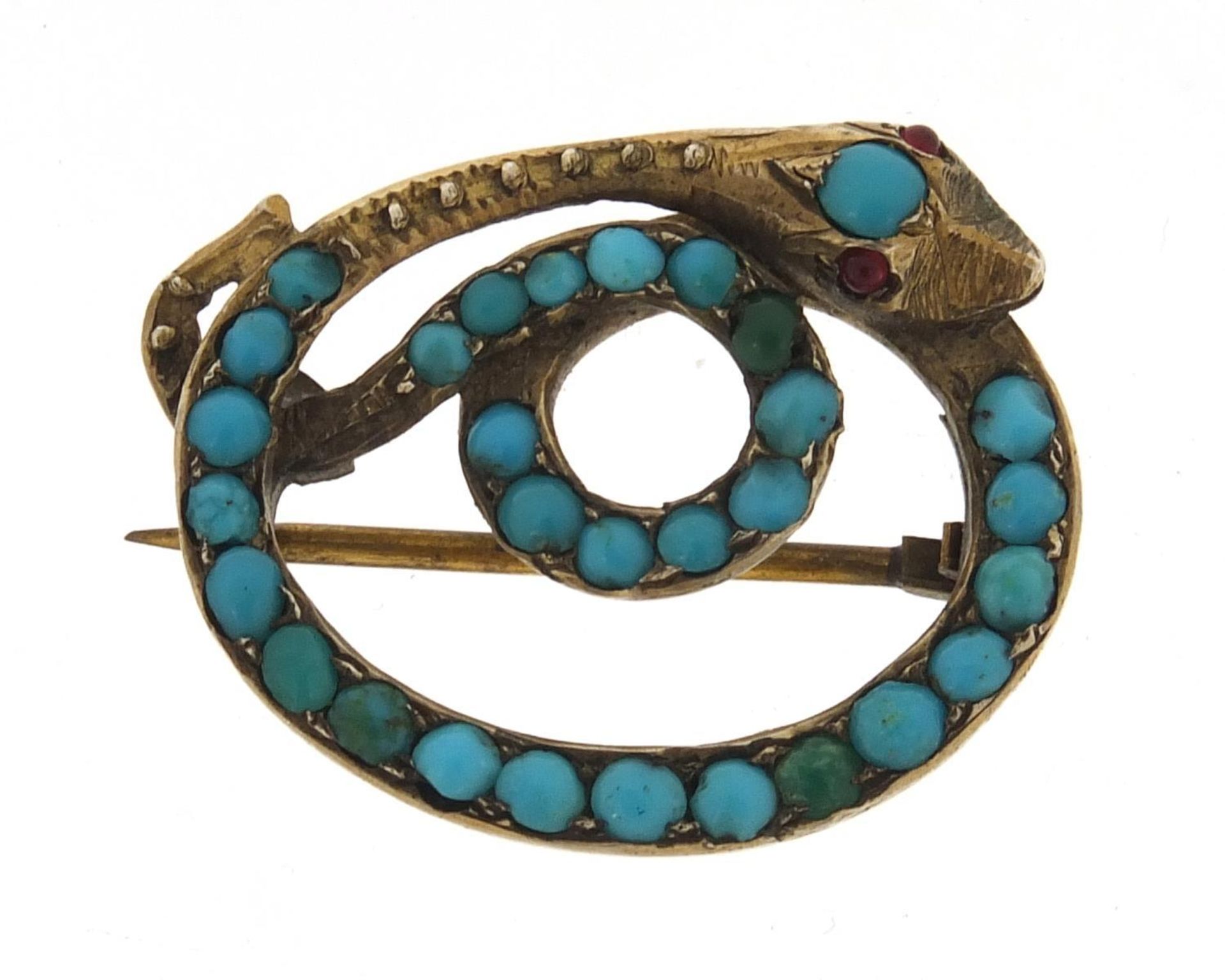 Antique gold coloured metal and turquoise serpent brooch, 2.8cm wide, 5.4g