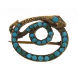 Antique gold coloured metal and turquoise serpent brooch, 2.8cm wide, 5.4g