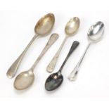 Five silver teaspoons, various hallmarks, the largest 12.5cm in length, total 62.0g