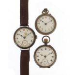 Gentlemen's military interest trench watch and two silver ladies' open face pocket watches, the