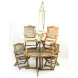 Teak folding garden table with parasol and four chairs