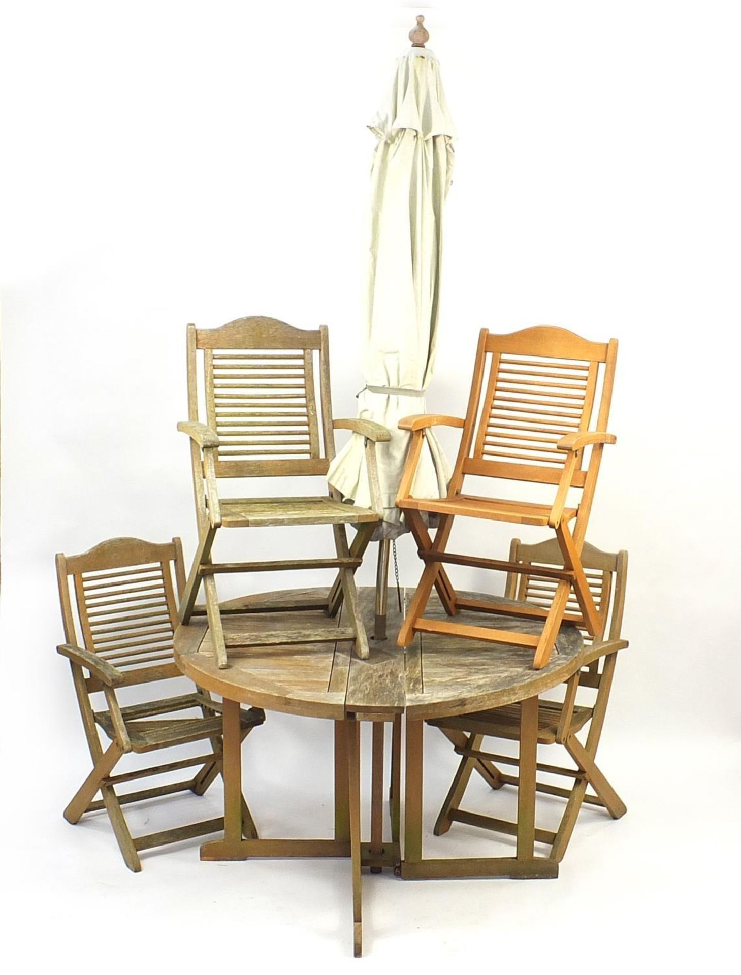 Teak folding garden table with parasol and four chairs