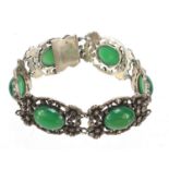 Silver marcasite cabochon green stone bracelet, 18cm in length 38.4g