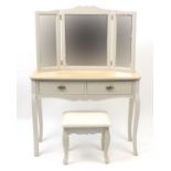 Limed oak and grey painted dressing table with triple mirror and stool, 81cm H x 104cm W x 40cm D