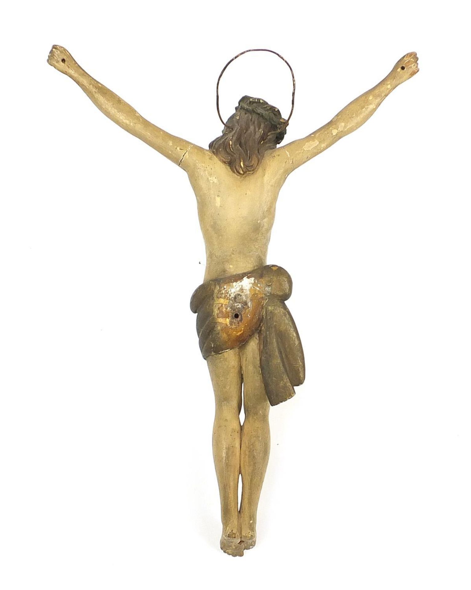 Antique painted lacquered wood carving of Christ with crown of thorns, possibly German, 53cm high - Image 3 of 3