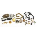 Antique and later jewellery including Victorian lockets, silver coloured metal buckle, enamelled