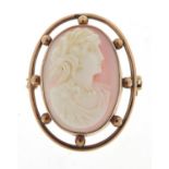 9ct gold cameo maiden head brooch, housed in a H Pidduck & Sons leather box, 3.2cm high, 5.8g