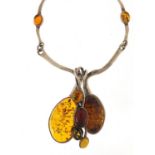Modernist silver and amber necklace, 40cm in length, 44.6g