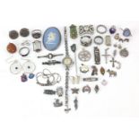 Silver and white metal jewellery including a Wedgwood Jasperware brooch, Charles Horner enamel