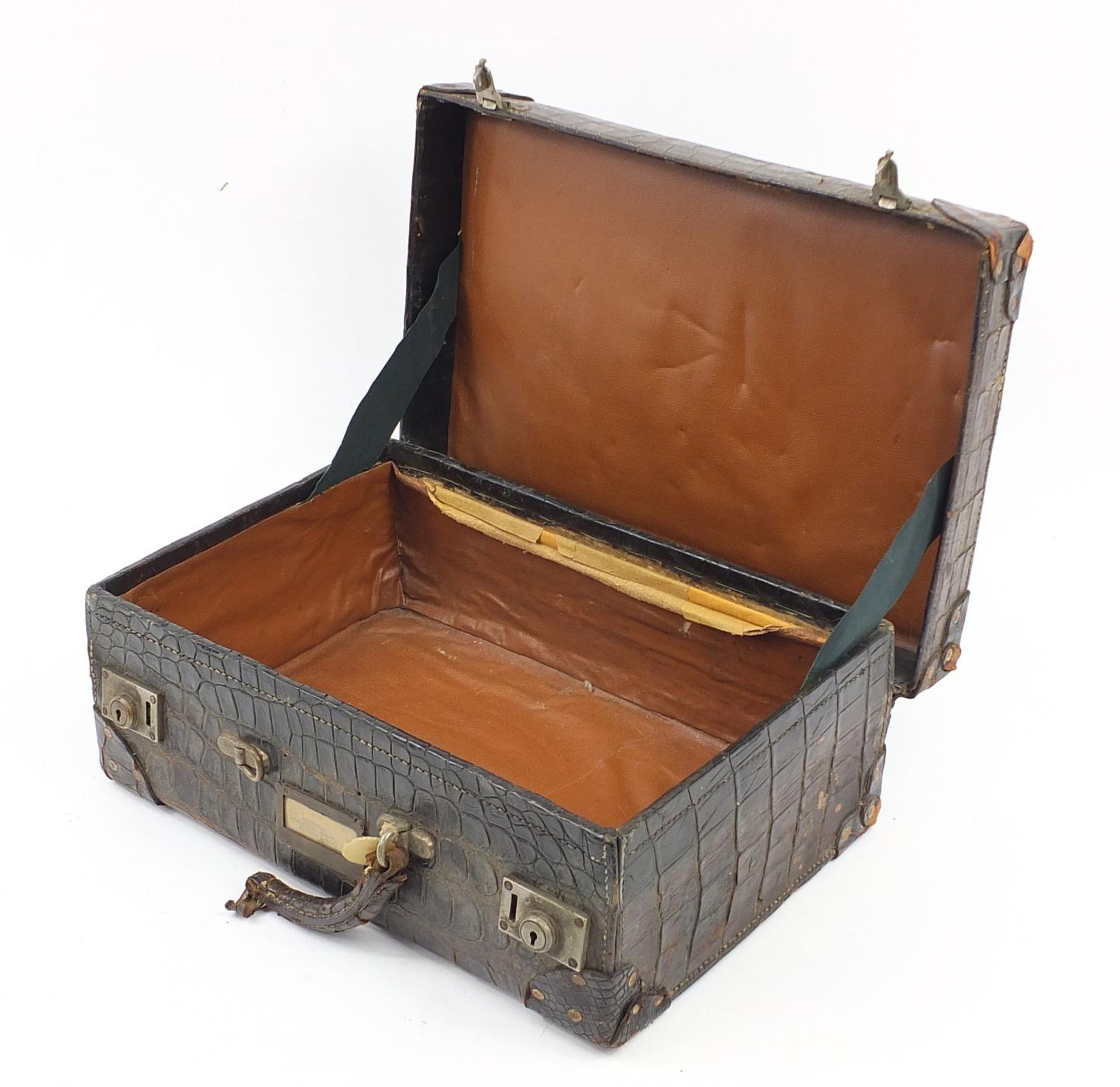 Early 20th century taxidermy interest crocodile skin suitcase, 34.5cm H x 51cm W x 17cm D - Image 2 of 6